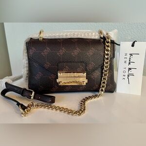 Nicole Miller Brown Signature Crossbody Handbag NWT Chain Strap Gold and Brown .